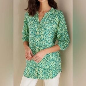 Soft surroundings Green Floral Women's button front‎ cotton Top 3X